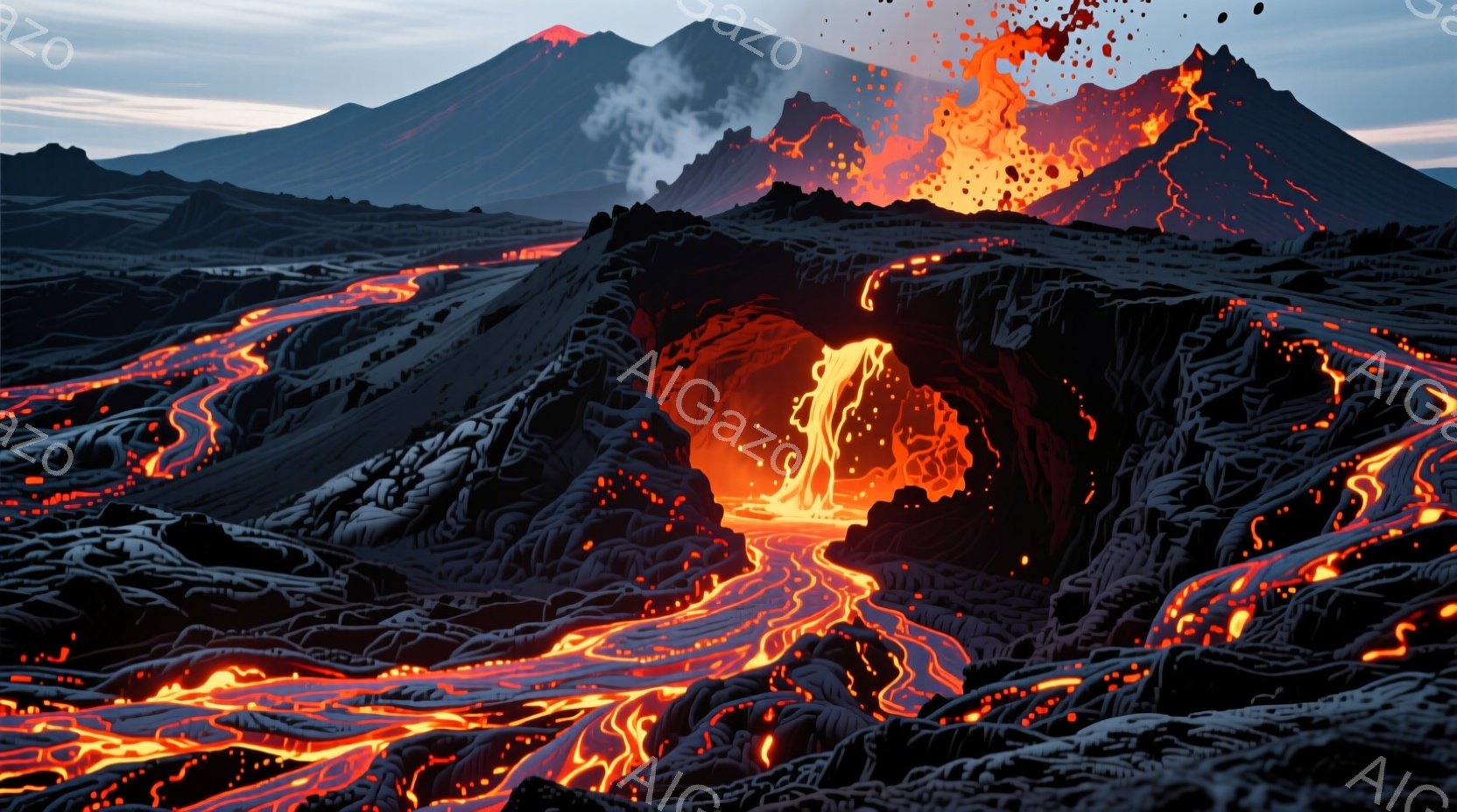 溶岩が大地を覆い、燃え盛る火口が印象的な風景です。背景には、噴煙を上げながら活動している複数の火山が連なり、赤いマグマが大地を照らしています。全体的に、激しく危険な自然の力を感じさせる、圧倒的な光景です。