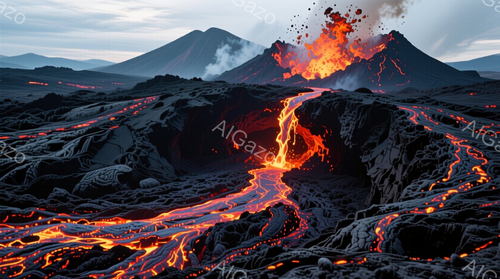 溶岩が黒い岩肌を流れ落ち、燃え盛る火口が遠くに見える風景です。背景には他の山々が連なり、夕焼けのような空が広がっています。全体的に荒涼とした、力強い自然のエネルギーを感じさせる光景です。 - AI生成フリー素材