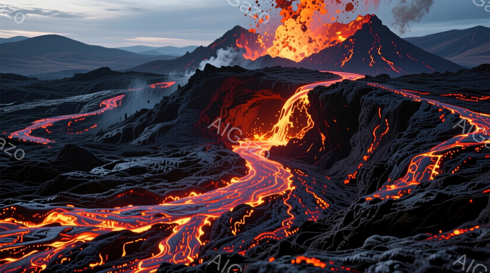 溶岩が大地を蛇行し、火山が激しく噴火している様子が描かれています。黒い岩肌と燃え盛る溶岩のコントラストが印象的で、まるで地獄のような光景が広がっています。背景には山々が連なり、遠くの空は夕焼けのような色合いで、大自然の圧倒的な力と脅威を感じさせます。