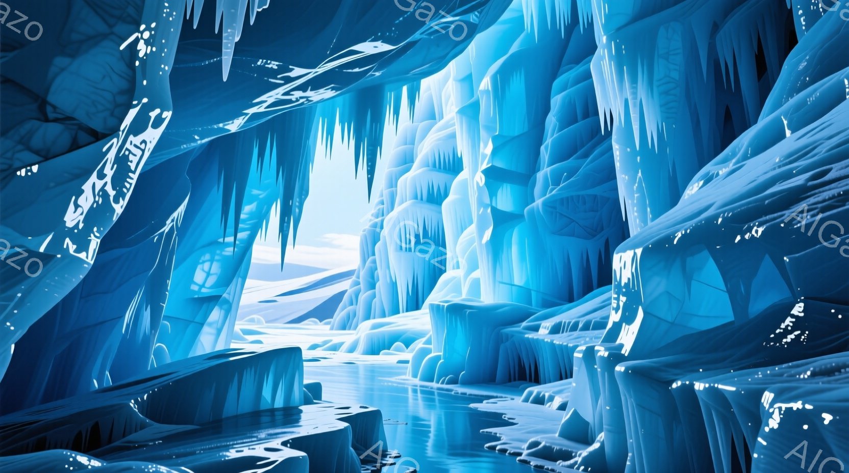氷の洞窟が広がり、青白い光が氷の壁に反射し、幻想的な雰囲気を醸し出している。洞窟内には水が流れ込み、氷の地形と混ざり合い、独特の景観を作り出している。氷柱や氷の塊が天井から垂れ下がり、まるで氷の宮殿のような美しい空間である。