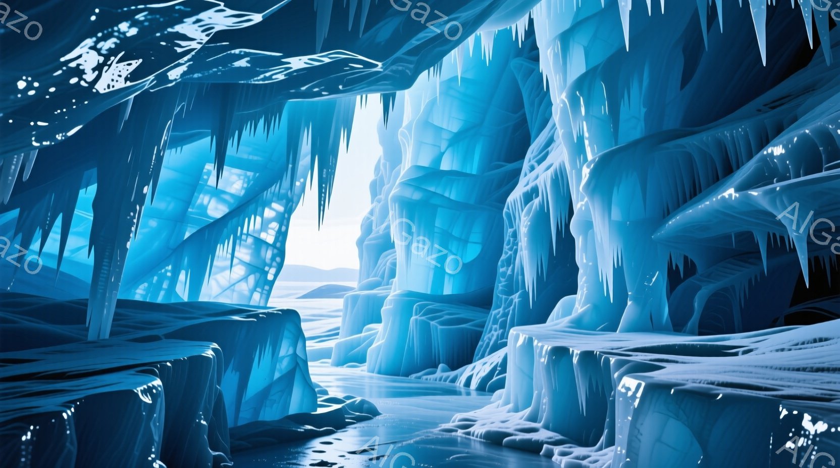 氷の洞窟内部の鮮やかな青色が印象的な風景です。天井からは無数の氷柱が垂れ下がり、洞窟内には氷の地形が複雑に広がっています。奥には明るい光が見え、冷たく静謐な空間が広がっている様子が伝わってきます。