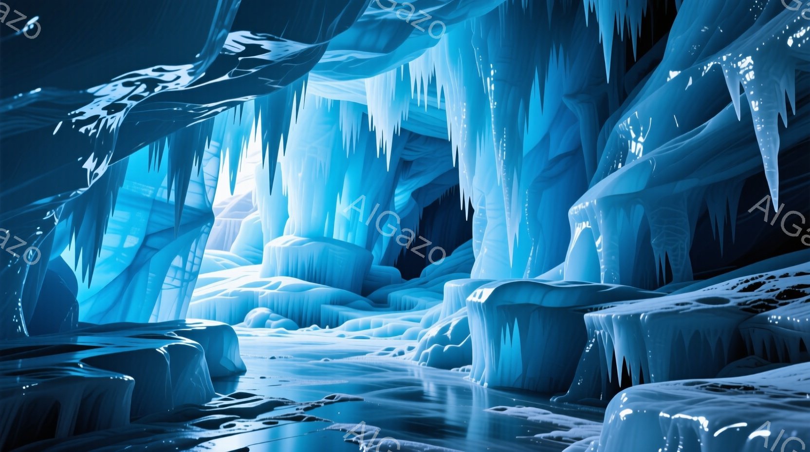 氷の洞窟内部が描かれており、天井からは無数の氷筍が吊り下がっている。洞窟内には水が流れ込み、氷の地形と混ざり合い、幻想的な光景を作り出している。青と白を基調とした色彩と、氷の反射光が、冷たく神秘的な雰囲気を醸し出している。