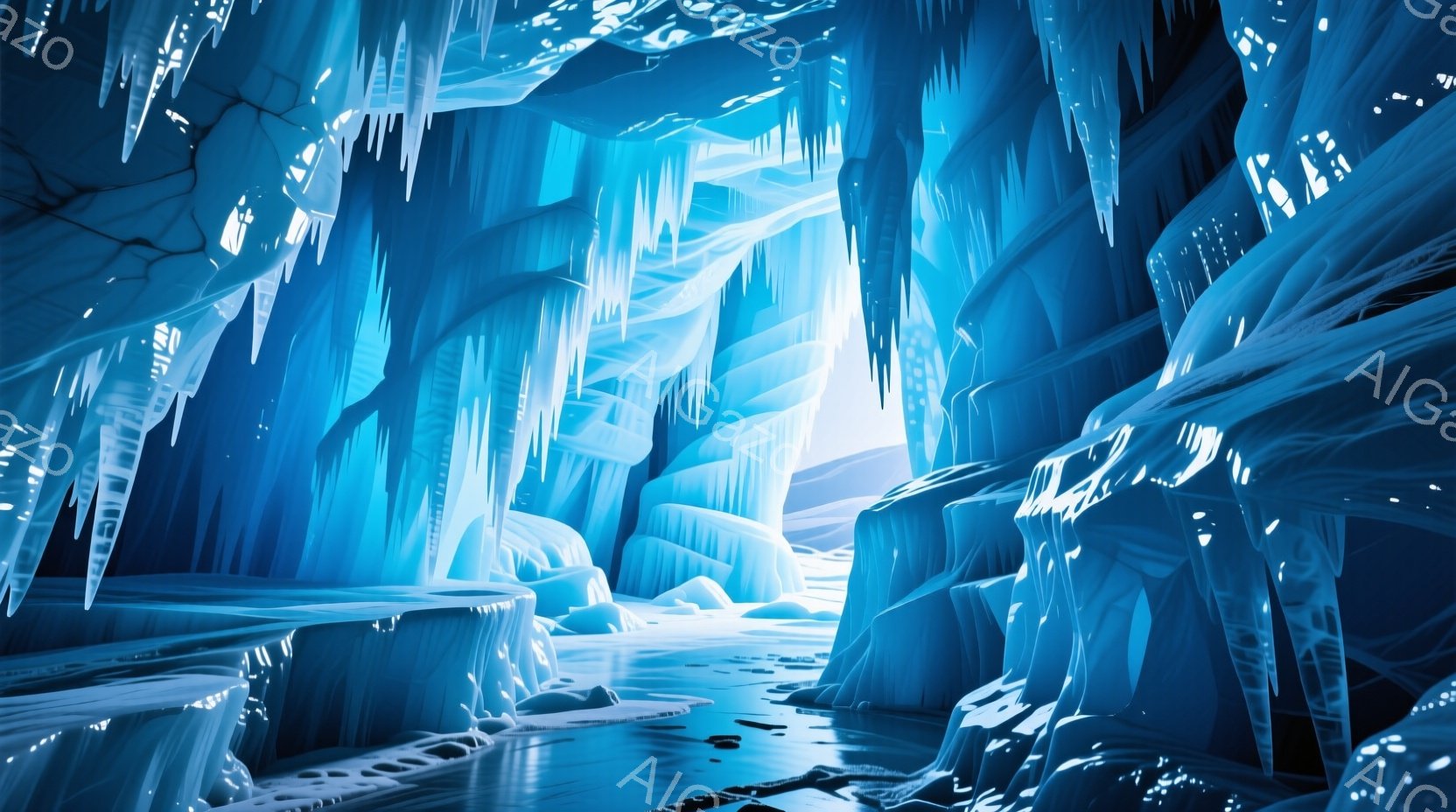 氷の洞窟内部が描かれており、青白い光が氷柱や氷の地形を照らし出している。洞窟内は氷の柱や岩が複雑に絡み合い、まるで氷の迷路のような空間が広がっている。全体的に冷たく、静寂な雰囲気が漂い、神秘的な世界観が感じられる。