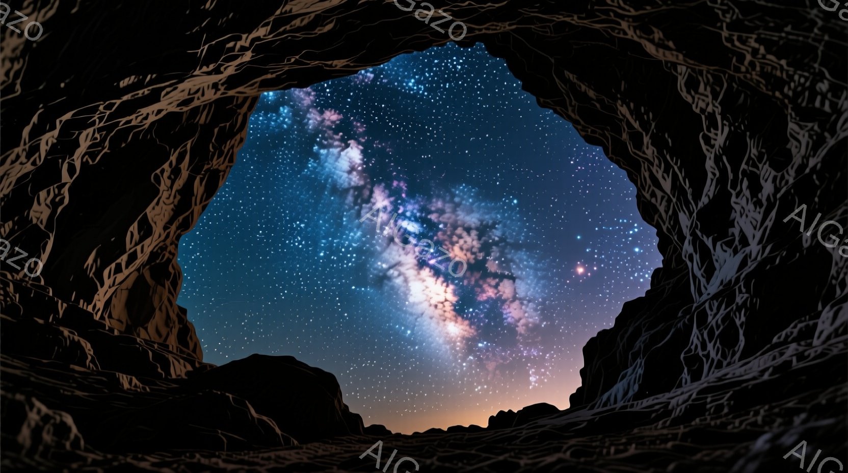岩石のフレームを通して、壮大な天の川が夜空に広がり、無数の星々が輝いている。地平線にはかすかな光が差し込み、夜空の青と星々の白、天の川のピンクと紫が美しいコントラストを生み出している。 全体的に神秘的で、畏敬の念を抱かせる壮大な雰囲気である。