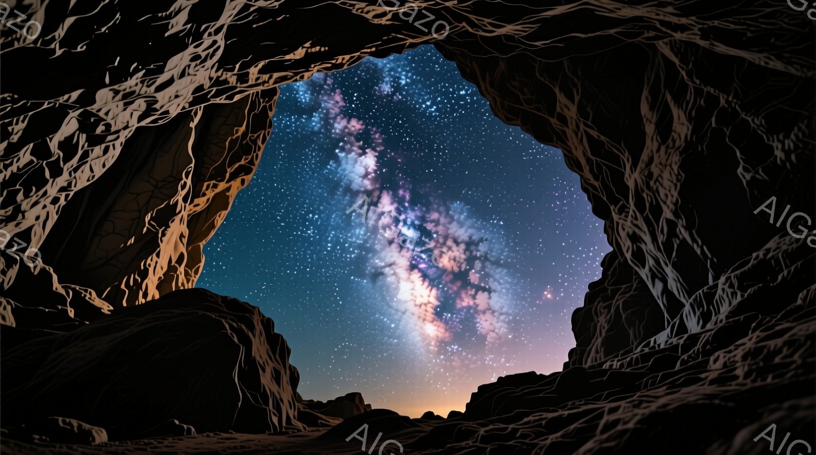 岩石のアーチが夜空を縁取り、天の川が壮大に広がっている。地平線には淡いオレンジ色の光が広がり、星空とのコントラストを生み出している。全体的に神秘的で静謐な雰囲気が漂い、自然の力強さと宇宙の広大さを感じさせる。