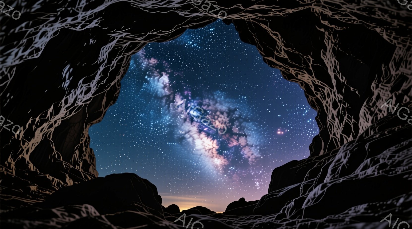 暗いシルエットの岩のフレームが、壮大な天の川を囲んでいる。天の川は、ピンク、紫、青の色合いで輝き、夜空に広がり、地平線近くにはかすかなオレンジ色の光が見える。全体的に、神秘的で畏敬の念を起こさせる、広大な自然の力強さを感じさせる雰囲気である。