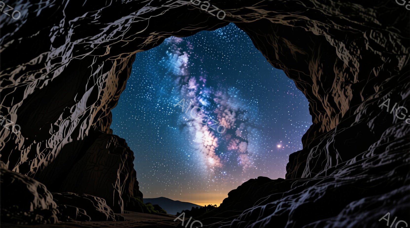 深夜の険しい岩壁の隙間から、天の川が煌めく夜空が覗いている。地平線には淡いオレンジ色の光が広がり、山並みがシルエットとして浮かび上がっている。全体的に静寂と神秘的な雰囲気が漂い、夜空の壮大さが強調されている。