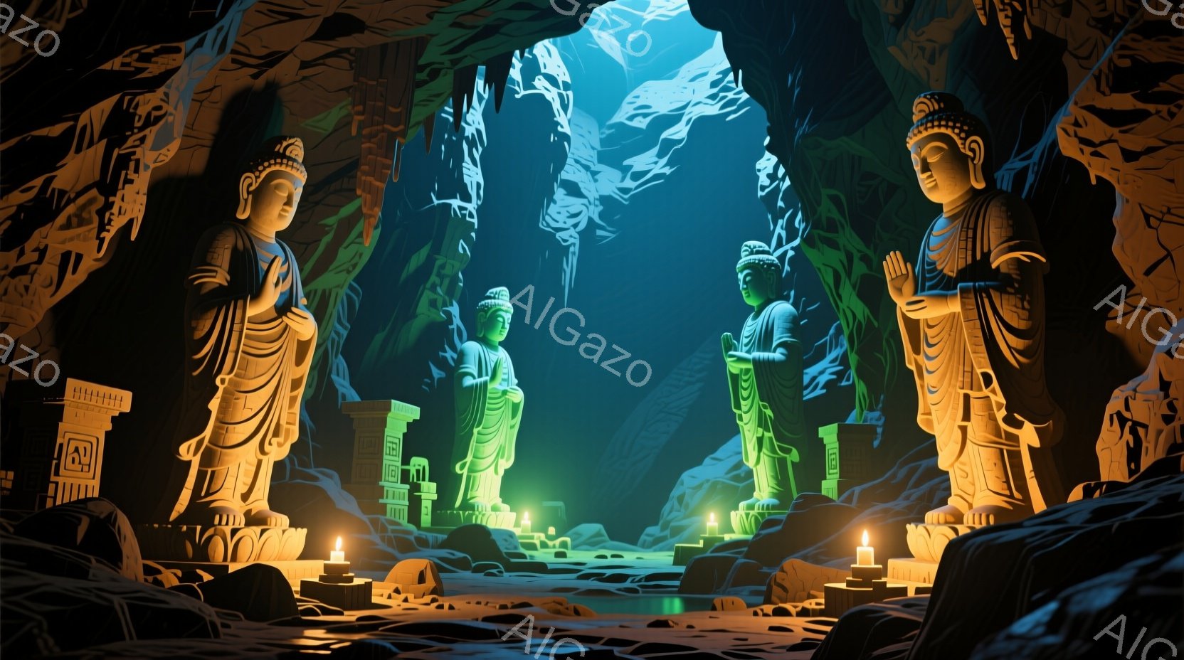 洞窟内に3体の仏像が並び、穏やかな表情を浮かべている。仏像はそれぞれ緑色とオレンジ色を帯びたローブを纏い、特徴的な螺髪（らかん）を持ち、瞑想するように静止している。洞窟内は暗く、仏像とロウソクの光が、神秘的で荘厳な雰囲気を醸し出している。