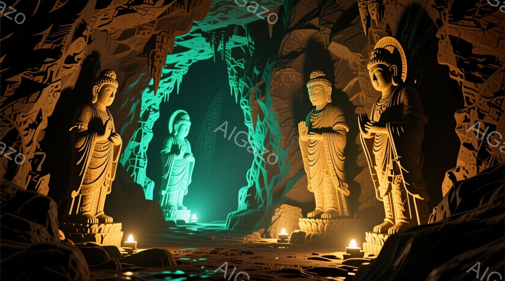 洞窟内に四体の仏像が配置され、中央の仏像は他のものよりやや小さく、青緑色の光に照らされています。仏像はそれぞれローブをまとい、穏やかな表情を浮かべており、静寂と瞑想的な雰囲気を醸し出しています。洞窟の壁面は複雑な模様で覆われ、足元には光るロウソクが置かれ、神秘的で幻想的な空間を作り出しています。