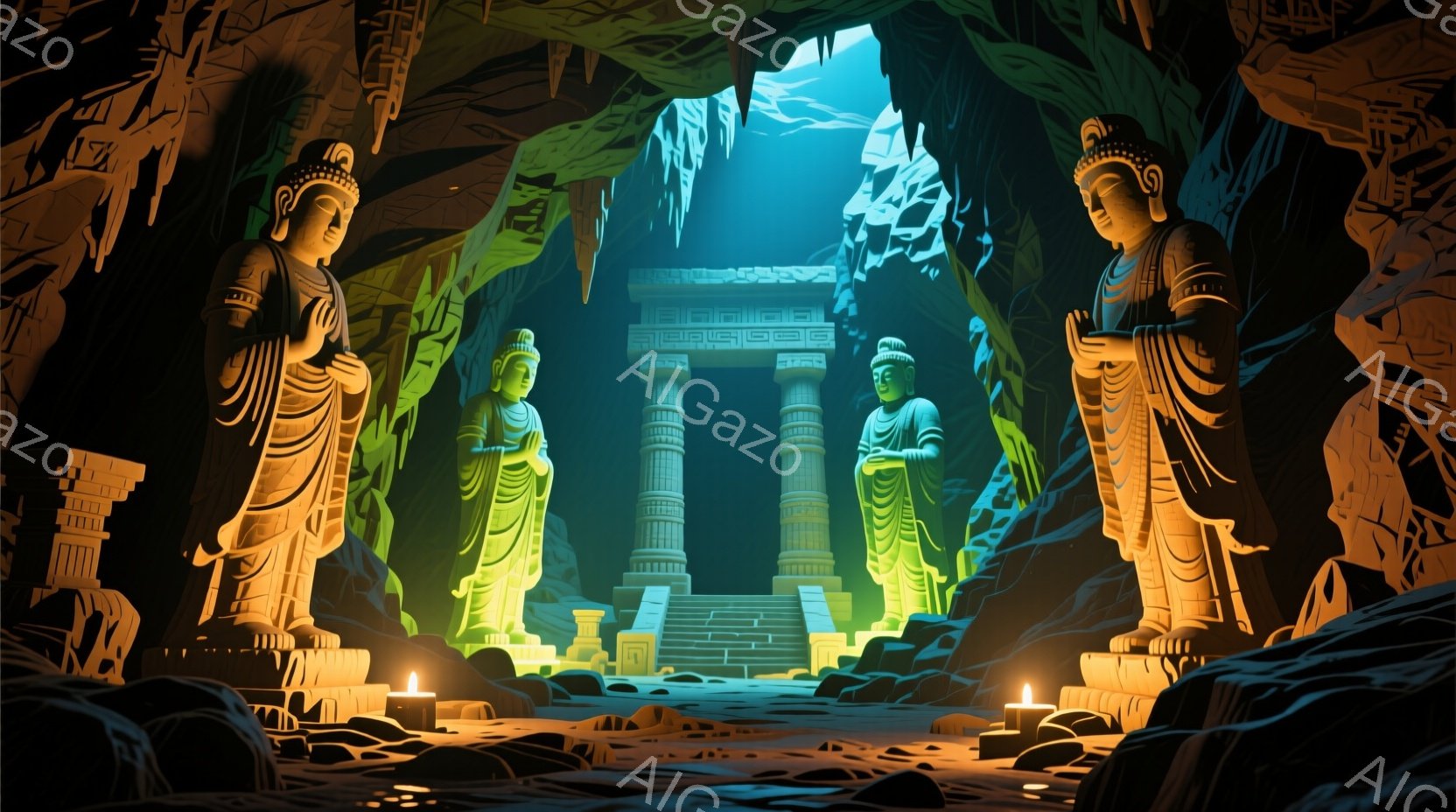 洞窟内に緑色の仏像が三体立っている。仏像はそれぞれローブをまとい、手を合わせて祈るようなポーズをとっている。背景には石造りの建造物が見え、洞窟内にはいくつかのロウソクが灯されており、神秘的で静謐な雰囲気を醸し出している。