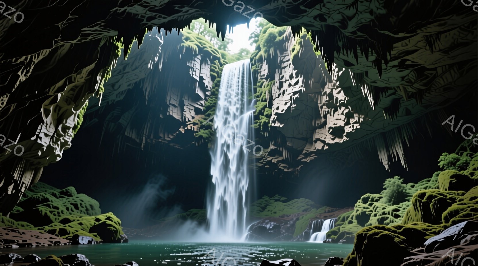 洞窟内に滝が流れ落ち、緑色の水面が広がっている風景です。洞窟の壁には苔が生え、光が差し込み幻想的な雰囲気を醸し出しています。水の流れと緑豊かな自然が調和し、静寂と神秘を感じさせる光景です。 - AI生成フリー素材