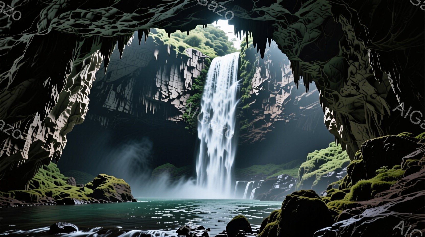 洞窟内に滝が流れ落ち、水面は静かで穏やかである。周囲の岩肌には緑色の苔が生え、神秘的な雰囲気を醸し出している。滝の光が水面に反射し、洞窟内を明るく照らしている。