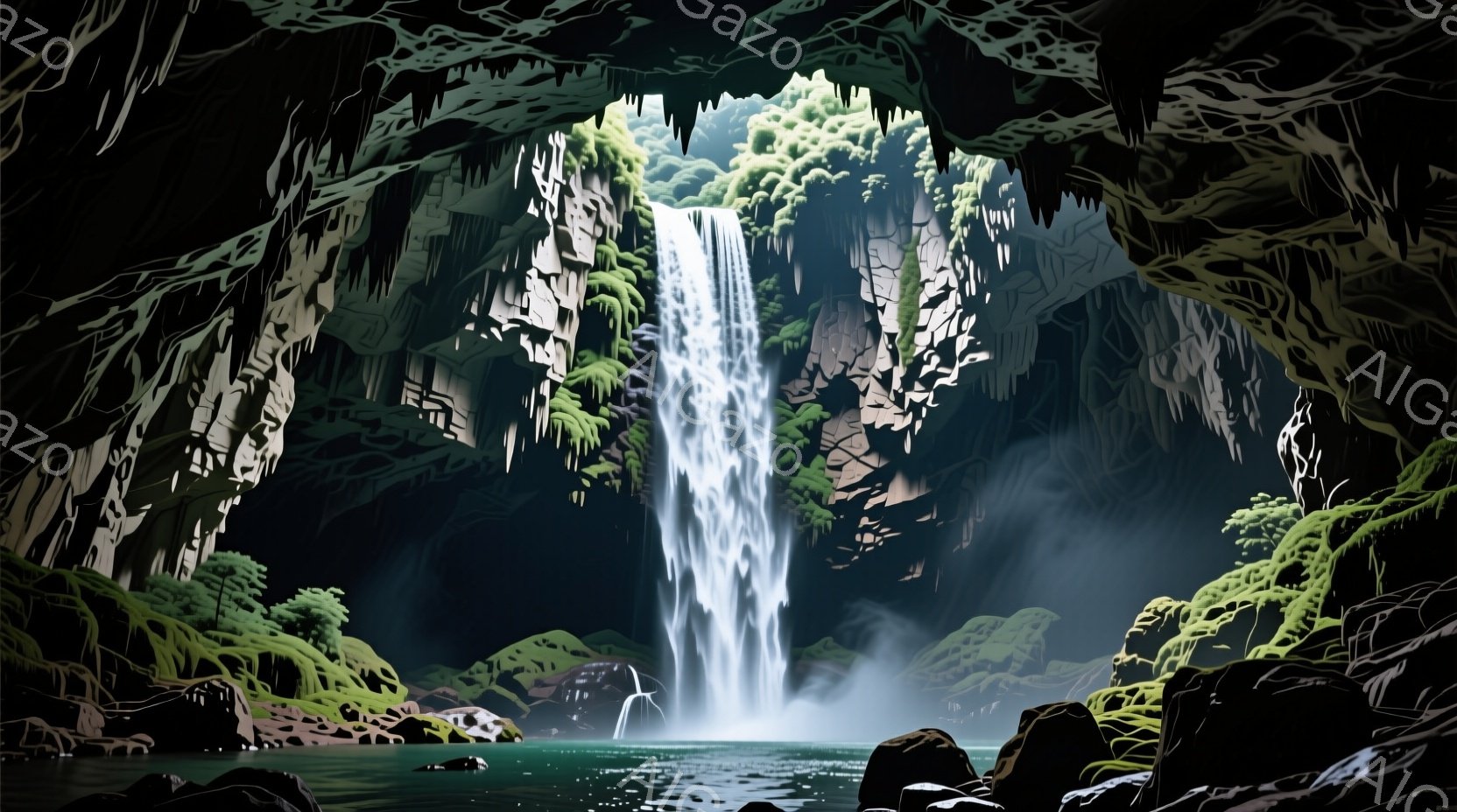 洞窟内に滝が流れ込む幻想的な風景が描かれている。滝の水は緑色の苔が生えた岩肌を流れ落ち、水面は穏やかで、周囲の暗い洞窟とのコントラストが美しい。全体的に神秘的で静謐な雰囲気が漂い、自然の力強さと美しさが感じられる。