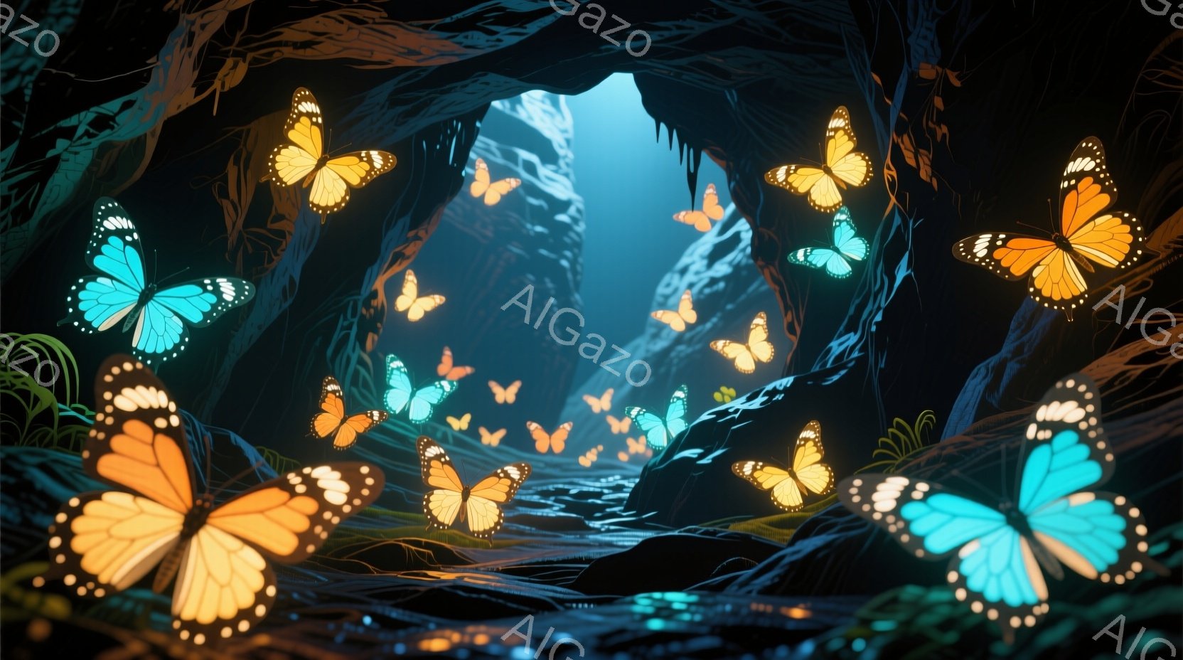 暗く神秘的な洞窟内に、鮮やかなオレンジとターコイズブルーの蝶が多数舞っている様子が描かれている。洞窟の壁は岩でできており、光が差し込むことで、奥行きのある陰影が生まれている。蝶の光沢と洞窟の暗さが組み合わさり、幻想的で美しい雰囲気を醸し出している。