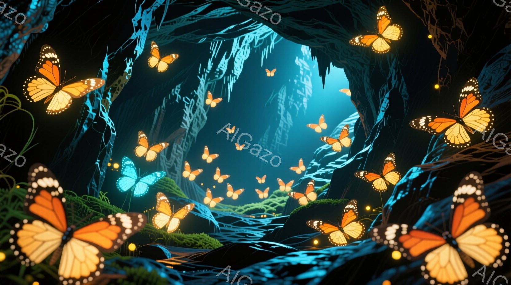 深い洞窟のような空間に、無数のオレンジと水色の蝶が舞っている様子が描かれている。周囲には緑豊かな苔が生え、洞窟の壁は独特の青色に光り、幻想的な雰囲気を醸し出している。蝶の鮮やかな色彩と洞窟の神秘的な光 - AI生成フリー素材