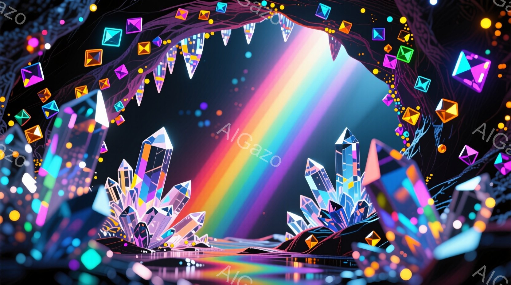 洞窟内部は、カラフルな結晶が立ち並び、幻想的な光景が広がっています。天井には、さまざまな色の小さな菱形が星のように散りばめられ、背景には虹色の光線が差し込んでいます。地面には水面が反射し、全体的に神秘 - AI生成フリー素材