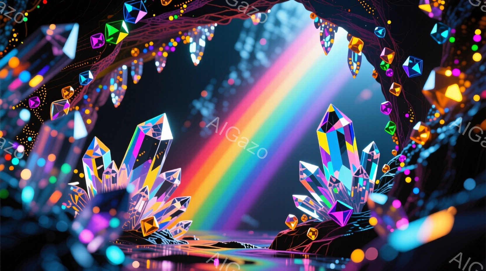 鮮やかなクリスタルが左右に配置され、その間から虹が差し込む幻想的な光景が描かれている。クリスタルは紫、ピンク、水色などの色彩が混ざり合い、周囲には小さな光の粒子が舞っている。背景は暗く、クリスタルの光 - AI生成フリー素材