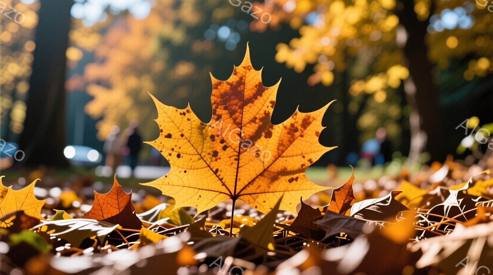 鮮やかなオレンジ色の紅葉が、地面に散らばった落ち葉の上で際立って見えます。背景にはぼやけた緑の木々と、遠くに見える建物がわずかに確認できます。秋の穏やかな日差しが差し込み、暖かく、落ち着いた雰囲気を醸 - AI生成フリー素材