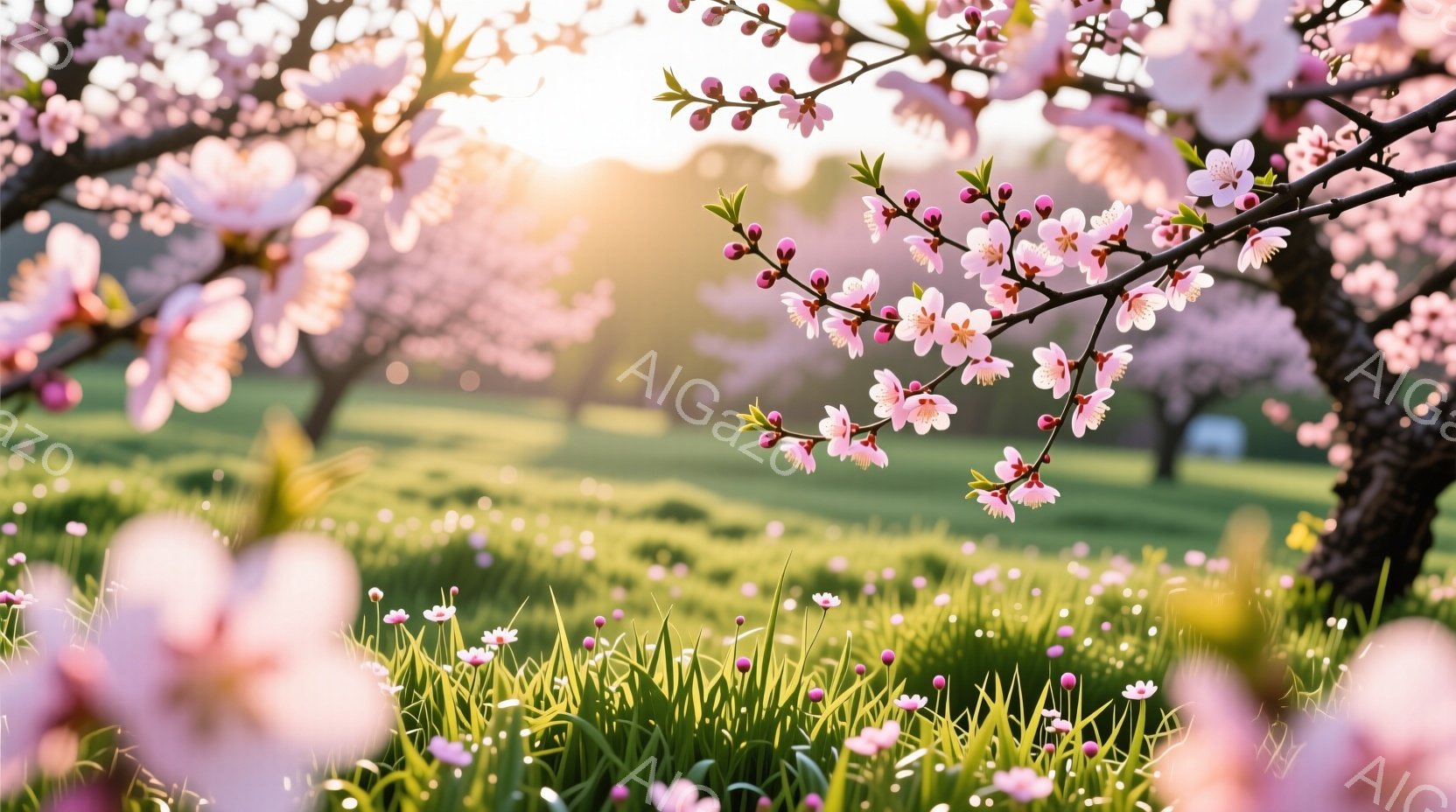 桜の花びらが咲き誇る春の風景で、地面には小さな白い花が咲き乱れている。背景には緑の芝生が広がり、遠くにはぼんやりと建物が見える穏やかな光景である。全体的に暖かく、明るく、春の訪れを感じさせる雰囲気がある。