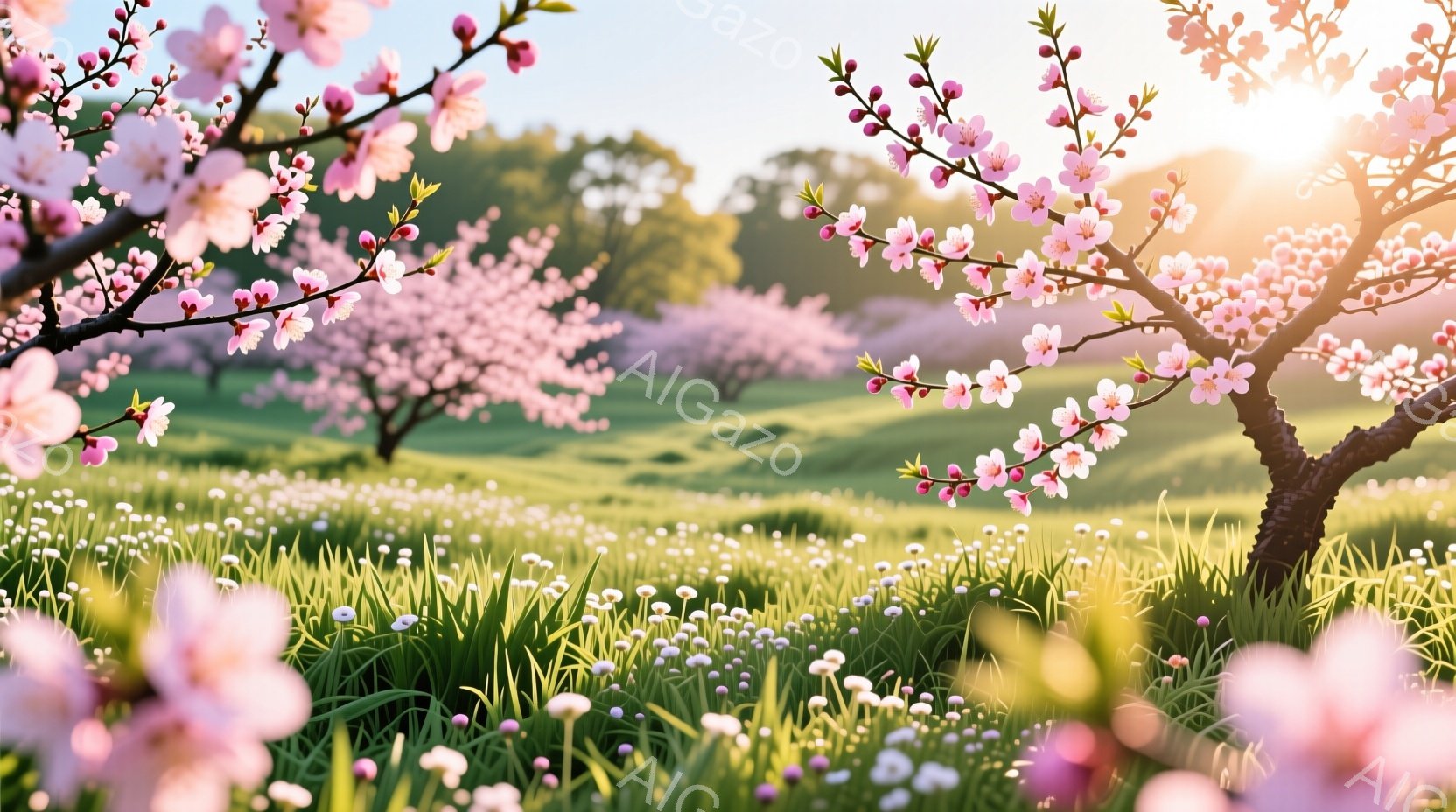 桜の花が咲き乱れる春の風景です。緑の草原には白い小さな花が咲き、太陽の光が柔らかく差し込んでいます。遠景には桜の木々が並び、穏やかで優しい雰囲気を醸し出しています。 - AI生成フリー素材