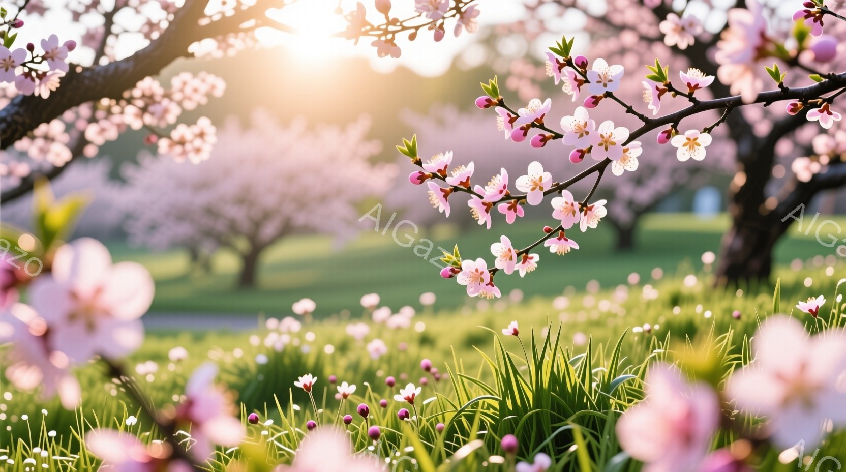 柔らかい春の光が差し込む中で、桜の花びらが咲き乱れる風景が描かれています。地面にはピンクと白の小さな花々が咲き、緑の草が青々としています。背景にはぼんやりと桜の木々と青々とした芝生が見え、春の暖かく穏 - AI生成フリー素材