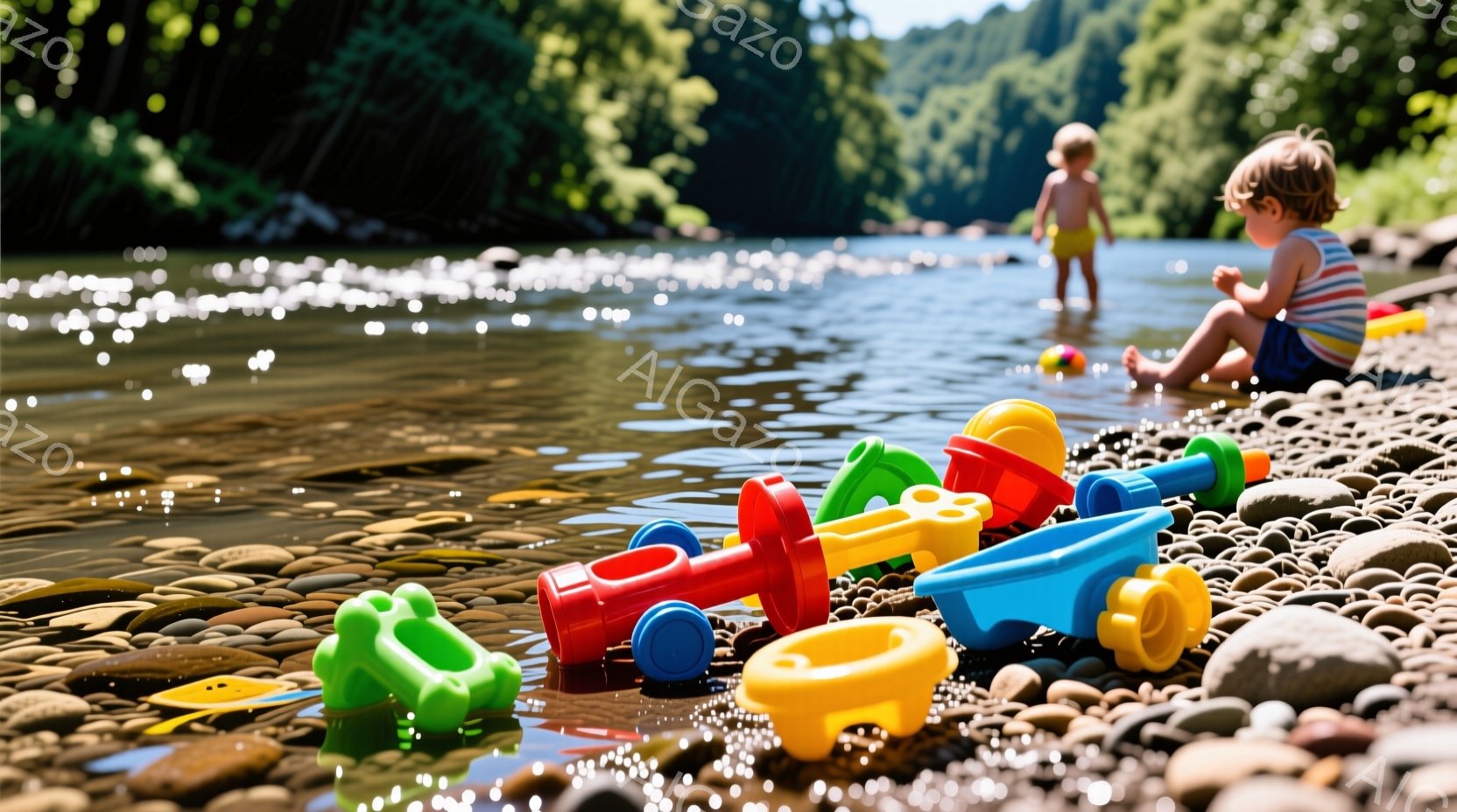 小石が敷き詰められた川岸に、カラフルな水遊び用のおもちゃが置かれている。背景には、水面がキラキラと輝き、緑豊かな木々が生い茂っている。少し離れた場所で、金髪の子供が水中で遊んでおり、日差しが暖かく、のどかな雰囲気が漂っている。