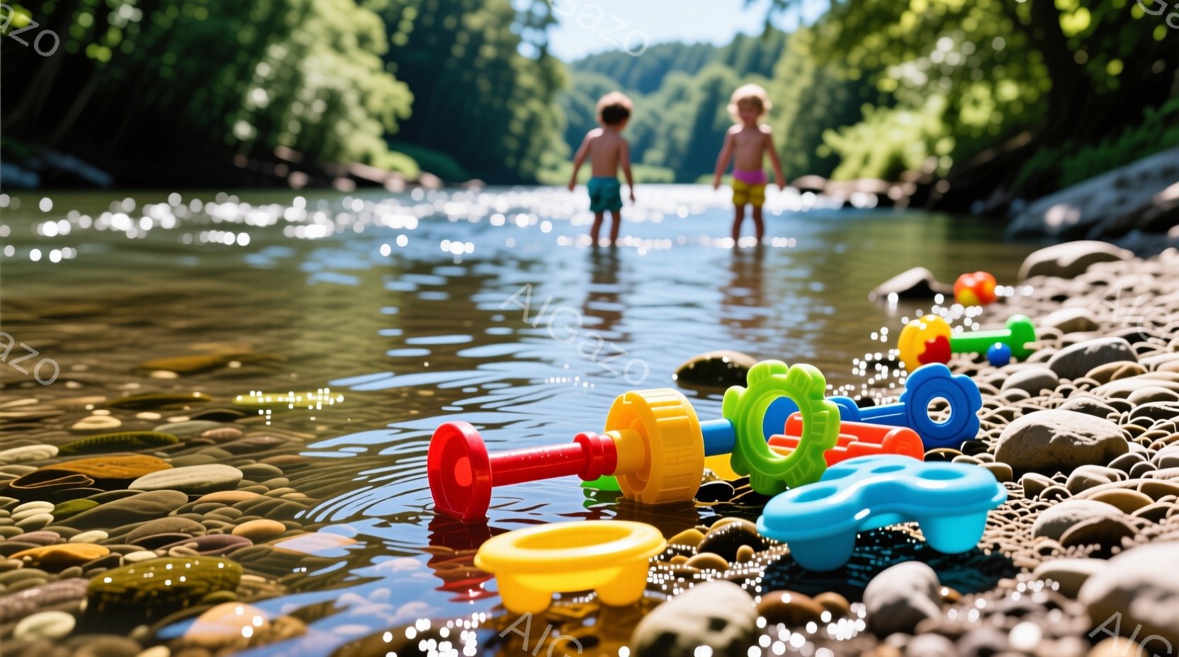小川の浅瀬で、カラフルな子供用のおもちゃが水面に浮かんでいる。背景には、緑豊かな木々が生い茂り、遠くには子供たちが水遊びをしている姿が見える。太陽光が水面に反射し、明るく遊び心のある雰囲気を醸し出して - AI生成フリー素材