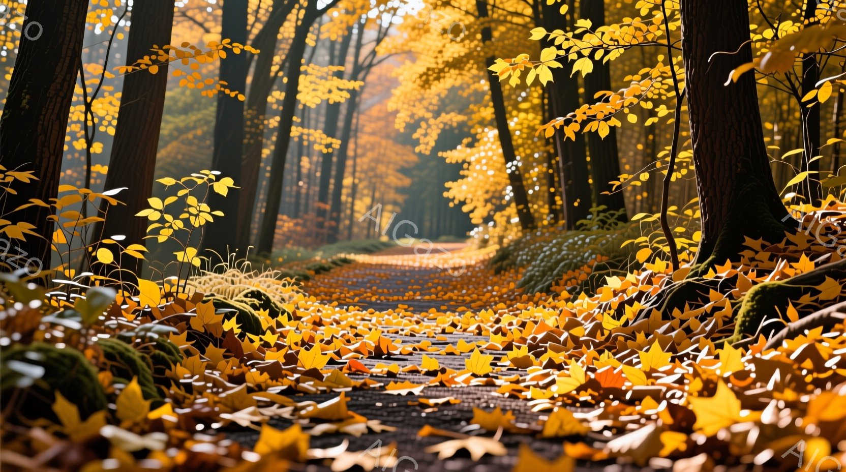 鮮やかな黄色の落ち葉が敷き詰められた森の小道が、視線を奥へと誘う風景だ。両脇には苔むした木の根や茂みが伸び、秋の深まりを感じさせる。太陽の光が葉の間から差し込み、暖かく幻想的な雰囲気を醸し出している。 - AI生成フリー素材