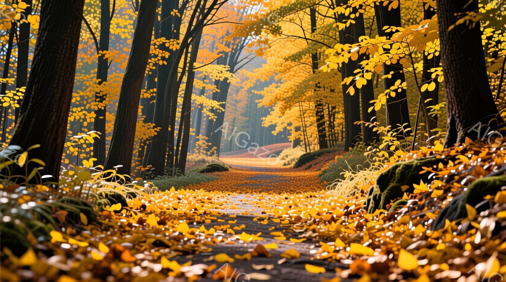 鮮やかな黄色の落ち葉が敷き詰められた森の小道が、光に照らされて伸びています。両脇には高い木々が立ち並び、落ち葉と緑の苔が絡みつき、秋の深まりを感じさせます。遠くにはぼんやりとした光が見え、静かで穏やか - AI生成フリー素材
