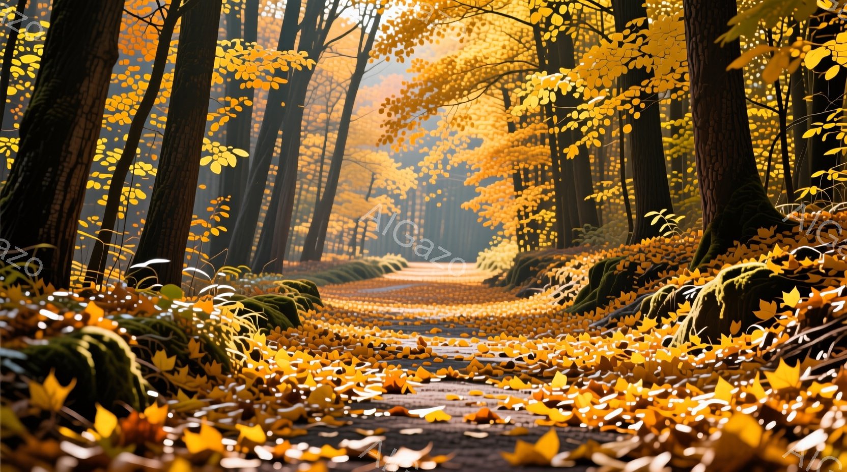 鮮やかな黄色の落ち葉が敷き詰められた道が、深い森の中に続いている。木々は高くそびえ立ち、日差しが葉の間から差し込み、暖かく幻想的な雰囲気を醸し出している。緑色の苔が生えた木の根元がアクセントとなり、秋の静寂と美しさを際立たせている。