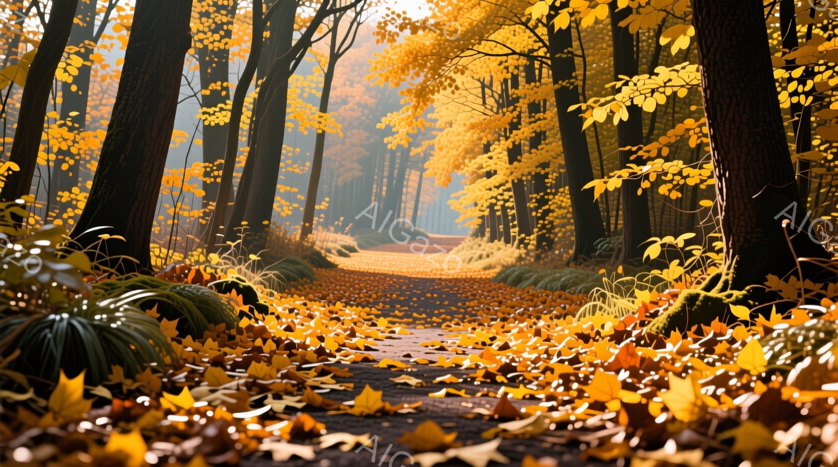 紅葉の落ち葉が敷き詰められた道が、高い木々の間をまっすぐ伸びています。明るいオレンジ色と黄色の葉が地面を覆い、木漏れ日が差し込み、温かさと静けさの雰囲気を醸し出しています。遠くには霞がかかり、秋の深ま - AI生成フリー素材