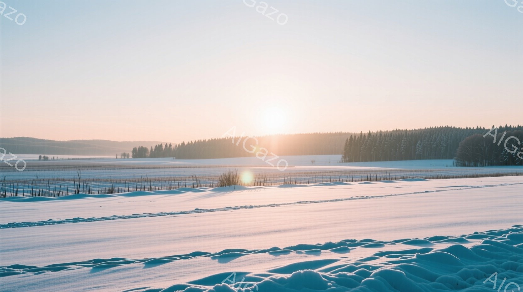 凍てつくような雪景色が広がり、遠くには暗緑の針葉樹林が連なっている。地面はうねるような雪の盛り上がりで覆われ、空は淡いオレンジ色から薄い青色へとグラデーションを描いている。全体的に静寂で冷たい空気感が - AI生成フリー素材