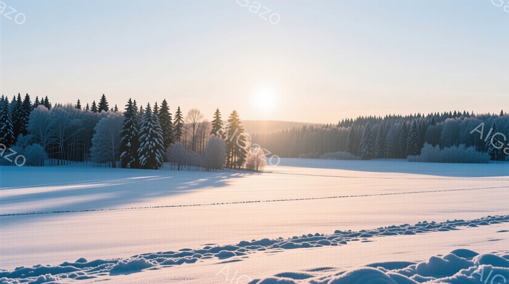 広大な雪原が広がり、遠景には雪をまとった木々が立ち並んでいる。朝日が雪面を照らし、光の筋が伸びる様子が印象的で、静寂で穏やかな冬の雰囲気が漂っている。雪原には、何かの動物が作ったと思われる足跡が点々と - AI生成フリー素材