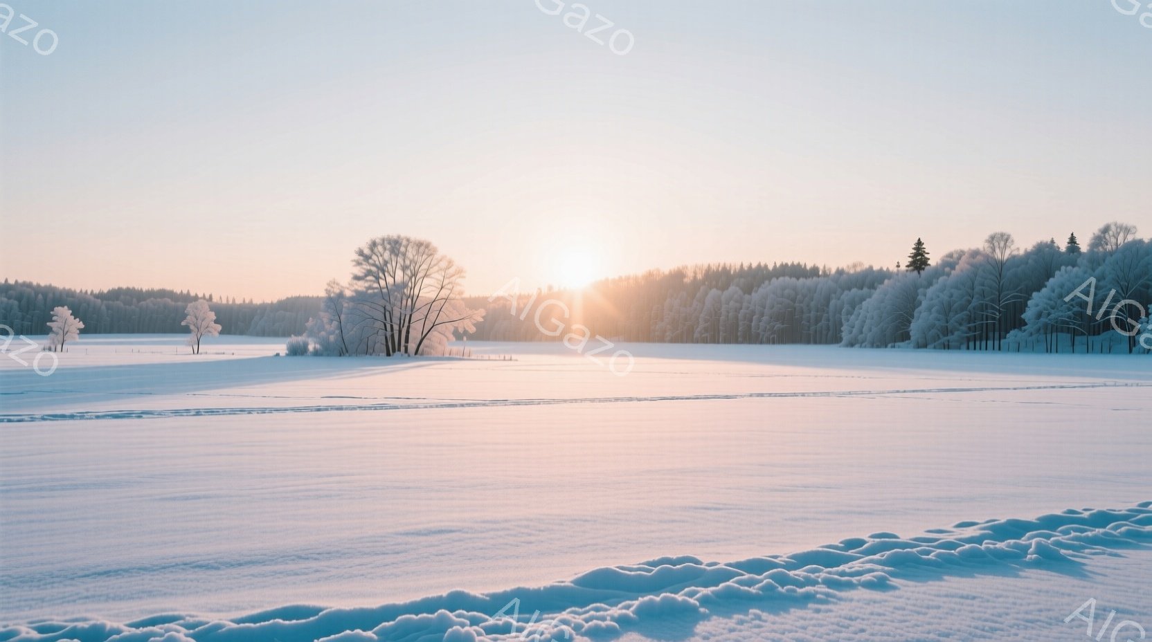 白い雪に覆われた広大な平原が広がり、遠くには雪で覆われた木々が立ち並んでいる。朝日が地平線から昇り、雪景色を暖かく照らし、空気は澄んで静寂に包まれている。全体的に穏やかで幻想的な冬の雰囲気が漂い、平和な光景が目に飛び込んでくる。
