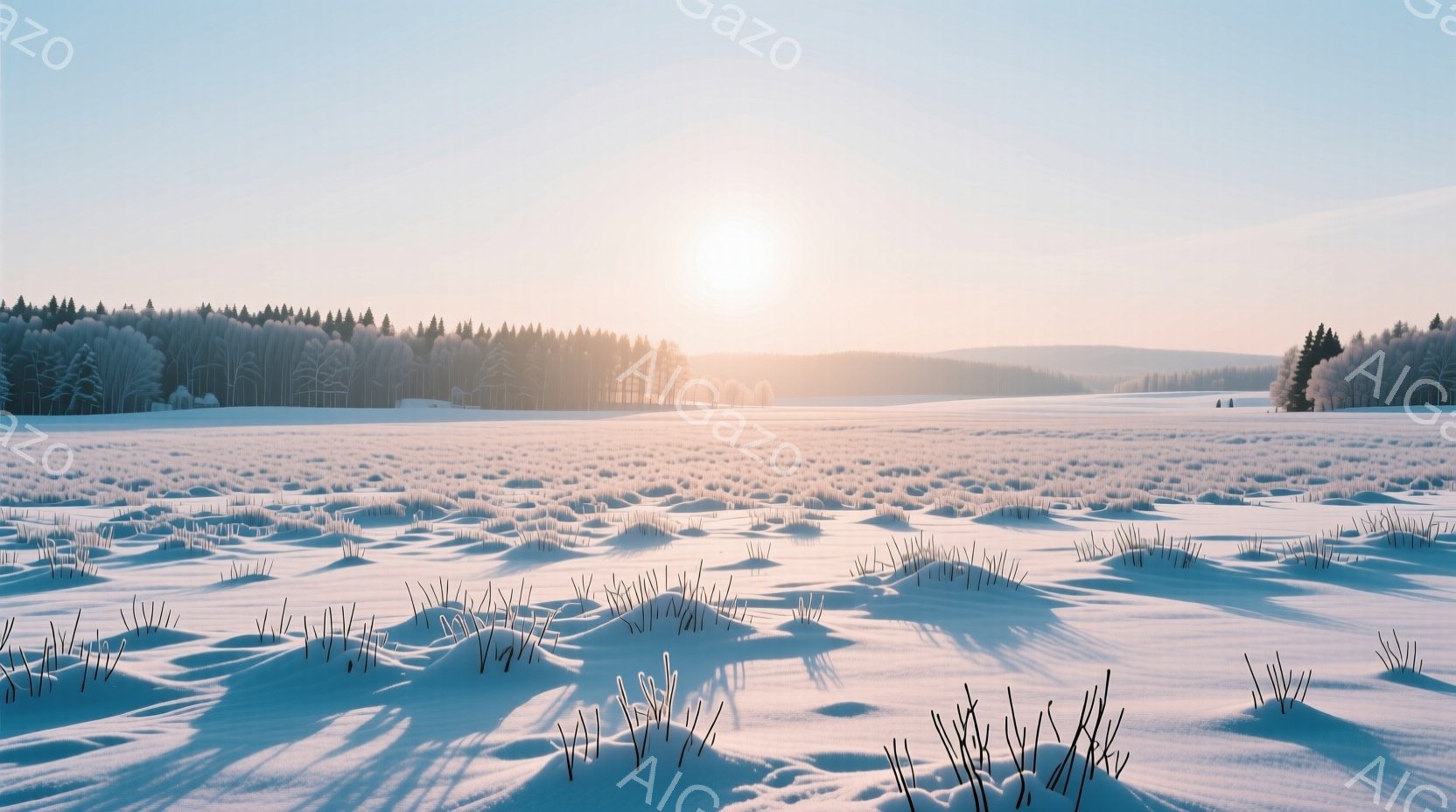 広大な雪原が広がり、足元には短い草が点在している。遠景には、雪を頂いた木々が連なり、朝日が雪原を照らし出している。全体的に静寂で冷たい空気を感じさせる、冬の風景だ。