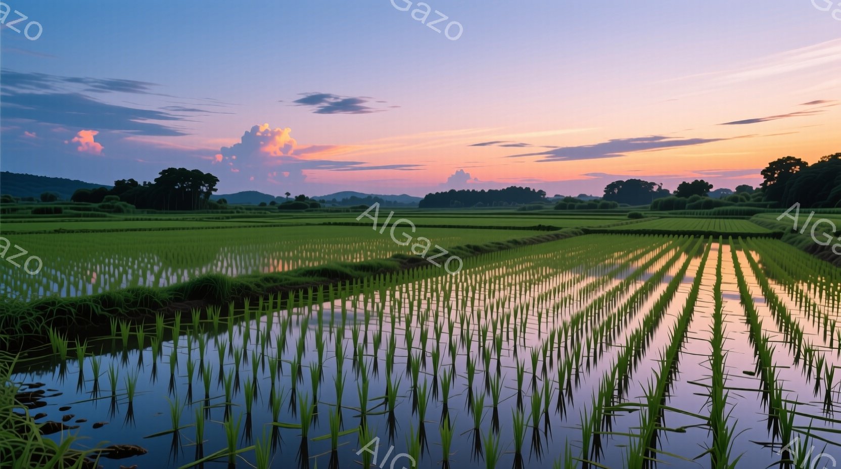 広大な水田が夕焼けに照らされ、水面にオレンジとピンクの光が反射している。整然と並んだ若い稲は鮮やかな緑色で、水田の畝の間には水が光り輝いている。遠くには緑豊かな丘と木々が見え、穏やかで静寂な田園風景が - AI生成フリー素材