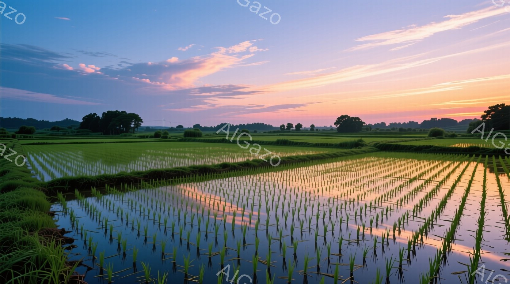 広大な田んぼが、夕焼けのオレンジとピンク色の光を反射し、まるで鏡のように見えている。遠くには緑の木々が並び、空には雲が浮かんでおり、穏やかで平和な雰囲気を醸し出している。水面に映る田んぼの畝が、美しい幾何学模様を作り出している。