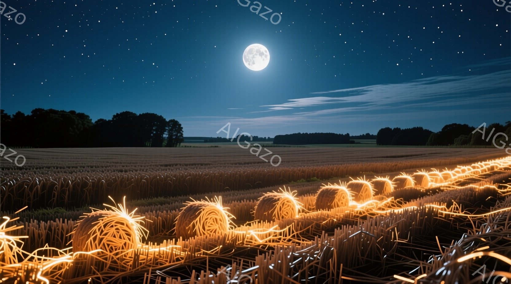 夜空には満月が輝き、広大な畑に藁のロールが整然と並んでいる。藁のロールにはオレンジ色の光が灯されており、まるで光の線が畑を縫うように連なっている。背後には暗いシルエットの樹木が並び、静かで幻想的な夜の - AI生成フリー素材