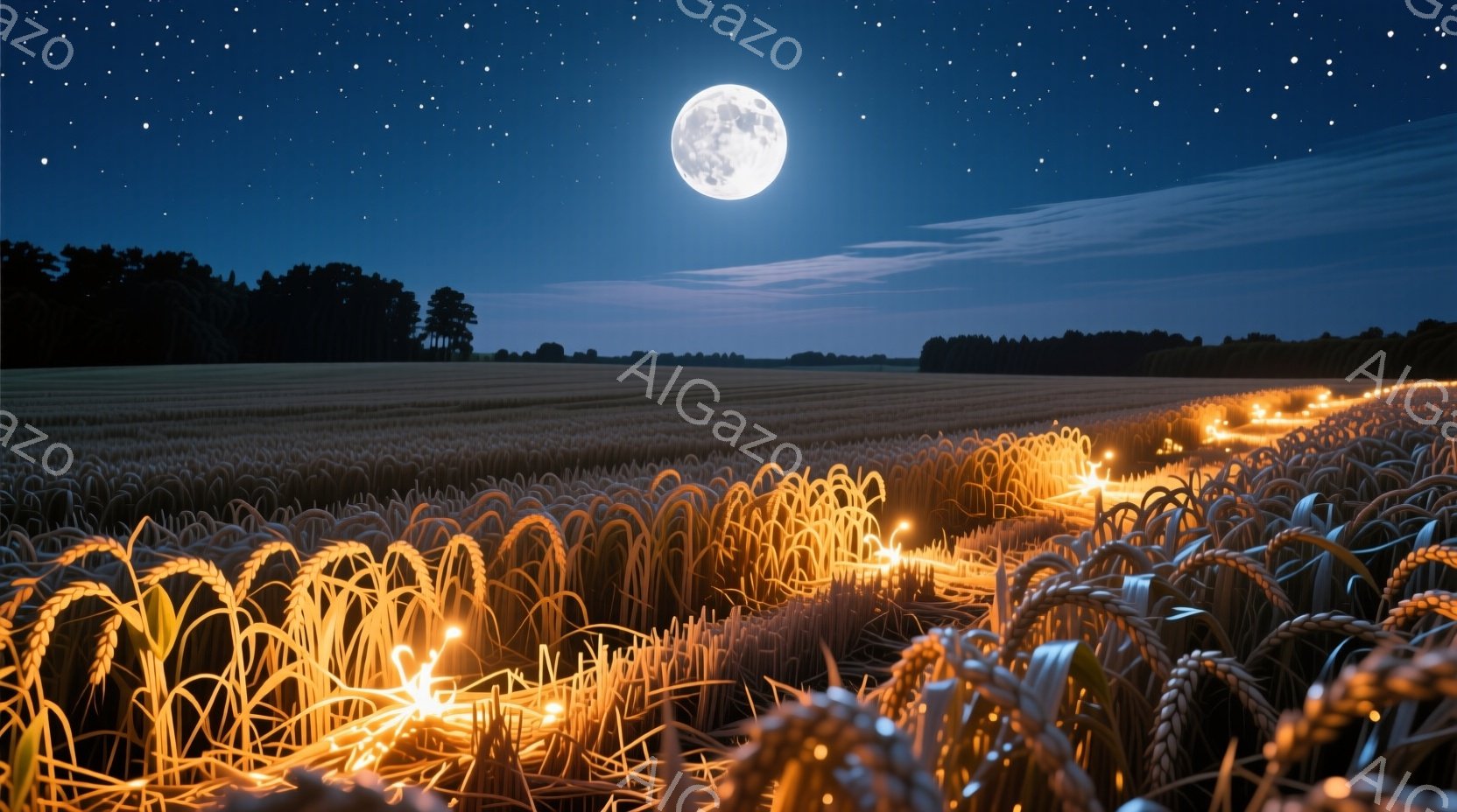 広大な麦畑が黄金色に輝き、夜空には満月が浮かんでいる。遠くには暗い森が見え、麦畑の中には光の筋が通り、まるで妖精の導く道のように幻想的な雰囲気を醸し出している。静かで穏やかな夜の風景が、神秘的で美しい - AI生成フリー素材