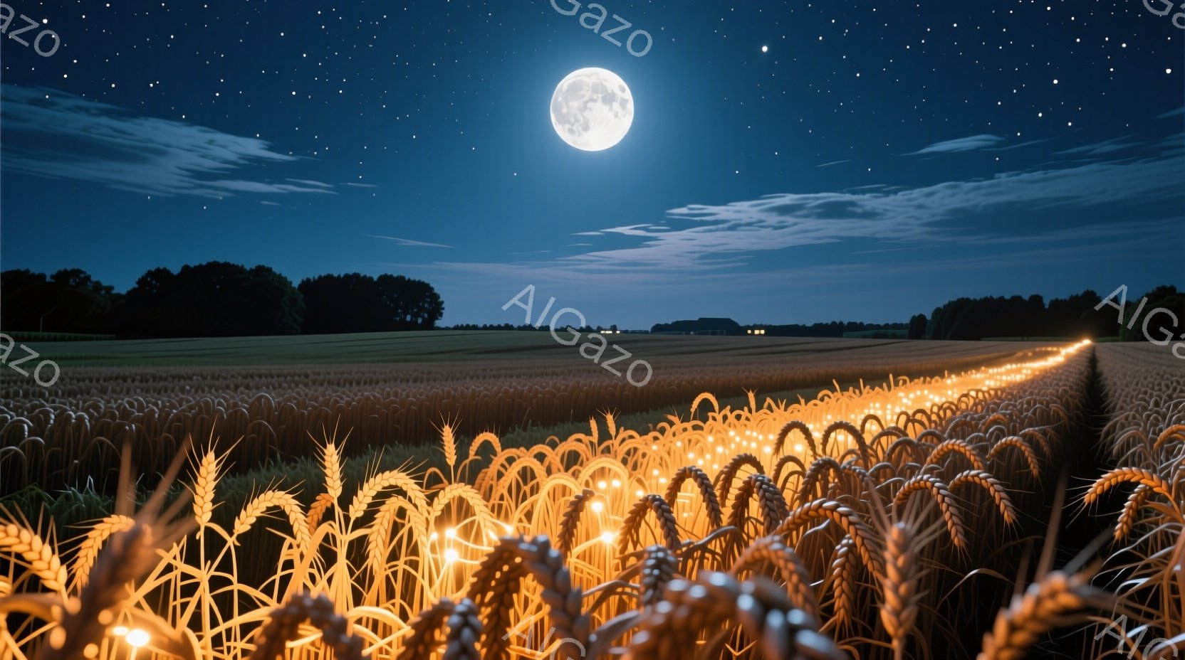 広大な麦畑が夜空の下に広がり、月の光と星空が美しいコントラストを生み出している。麦の穂は黄金色に輝き、田園風景と夜空が一体となり、静寂で幻想的な雰囲気を醸し出している。遠くにはシルエットのような樹木が見え、夜の静けさを強調している。