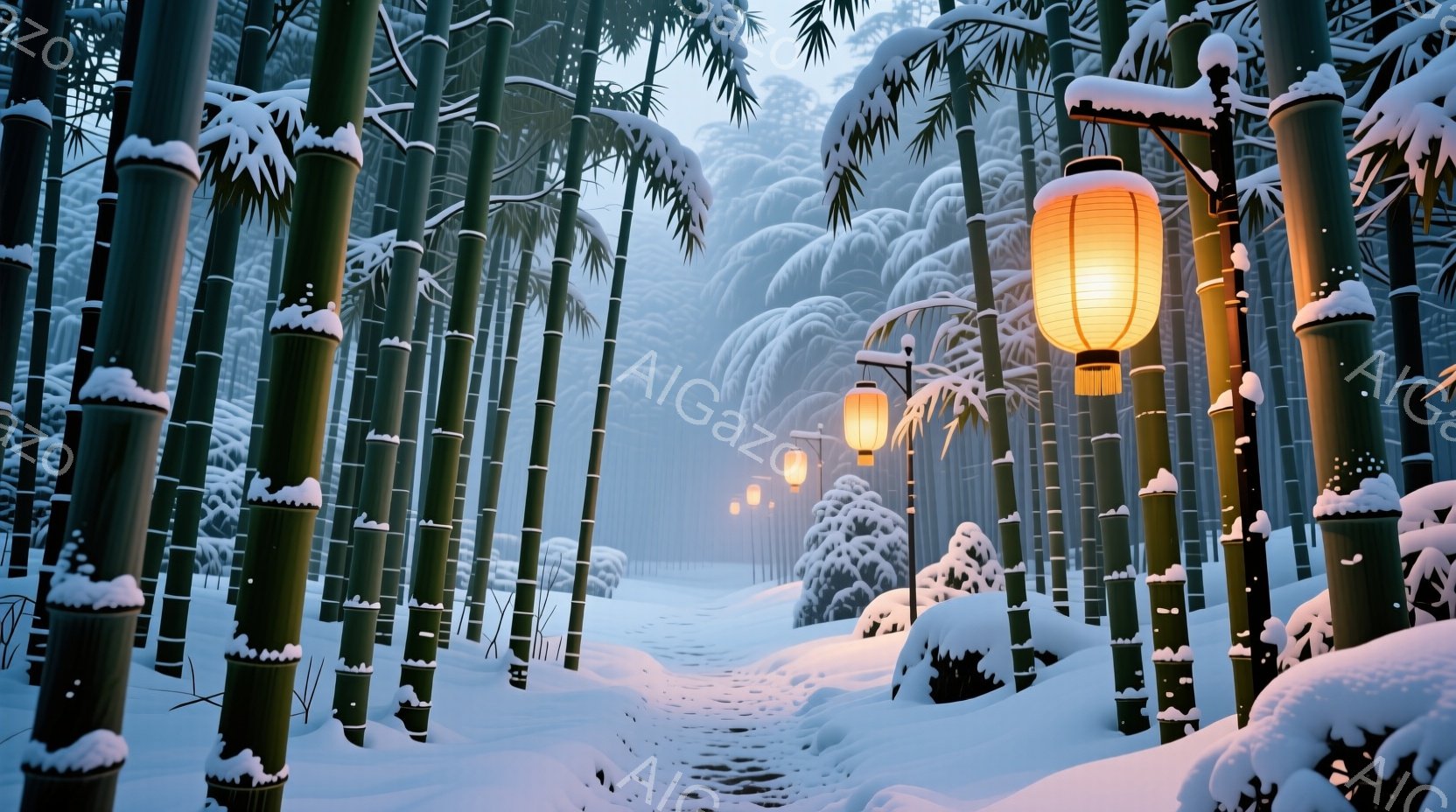 雪深い竹林の中を、温かい光を放つ提灯が灯された道が続いています。雪は竹の葉や枝に降り積もり、幻想的な冬景色を作り出しています。奥へと続く道はぼんやりと霞んでおり、静寂と神秘的な雰囲気が漂っています。 - AI生成フリー素材