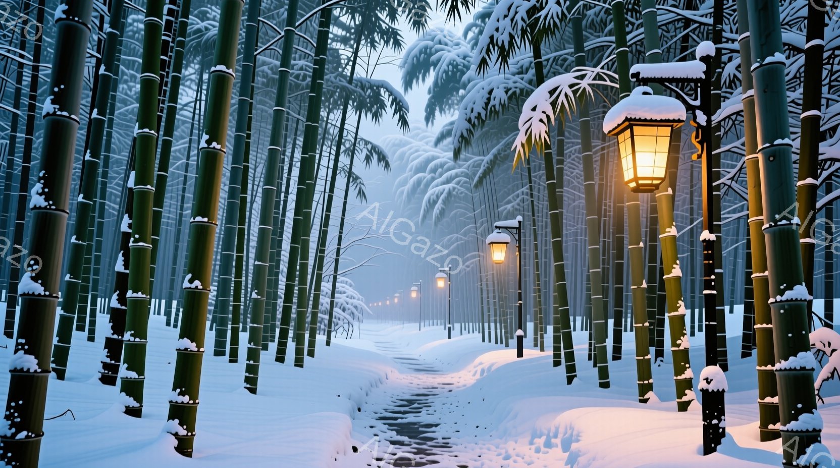 雪深い竹林の中を、白い光を灯した灯籠が並ぶ道が続いている。竹は雪を被り、背景は霧に包まれ、静かで幻想的な雰囲気を醸し出している。道は奥へと続いており、冬の寒さと静寂を感じさせる美しい光景である。 - AI生成フリー素材