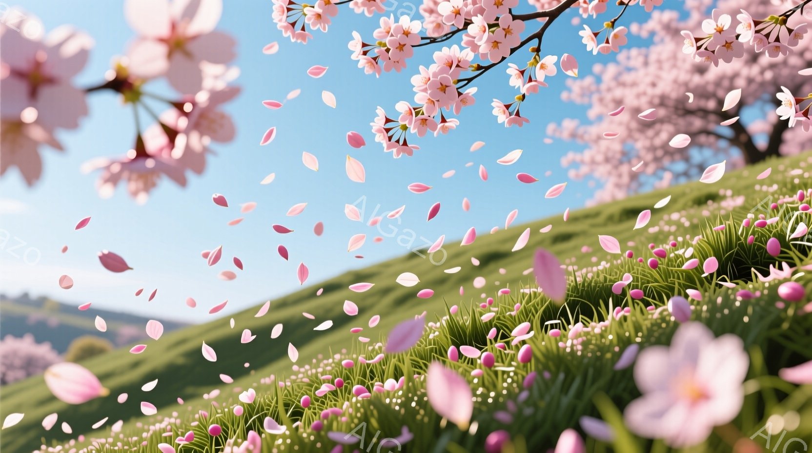 桜の花びらが舞い散る春の風景が描かれている。緑豊かな斜面にはピンク色の小さな花々が咲き乱れ、背景には青空と桜の木々が広がる。全体的に穏やかで幻想的な雰囲気が漂っている。 - AI生成フリー素材