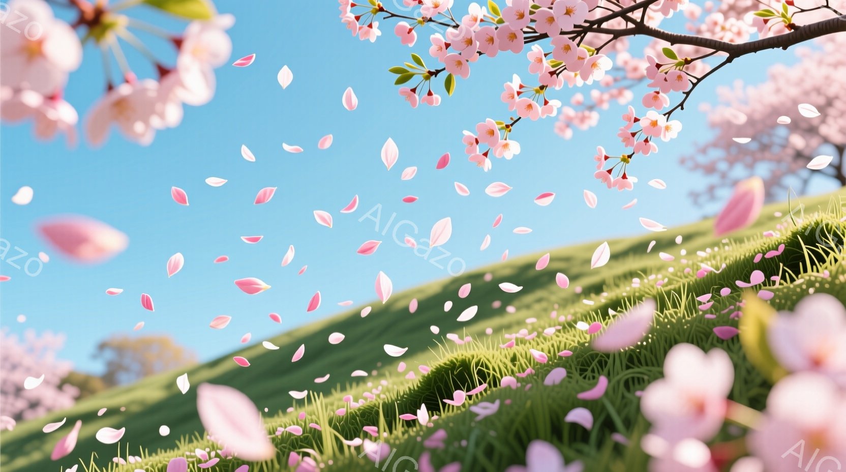 穏やかな春の風景が広がっており、ピンク色の桜の花びらが風に舞い、緑の丘一面に散りばめられています。空は晴れ渡り、背景にはかすかに遠景が見え、暖かく希望に満ちた雰囲気を醸し出しています。桜の枝が画面上部 - AI生成フリー素材