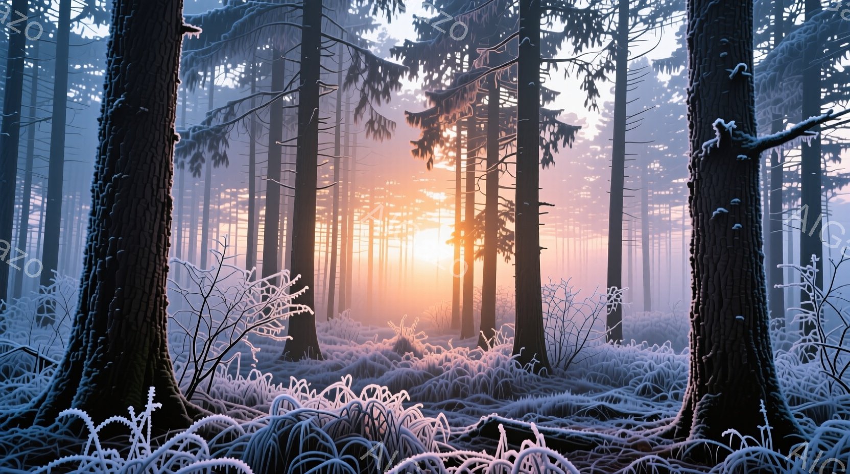 凍てつくような冬の森が、朝日に照らされて幻想的な光景を呈している。地面や草木は白い霜で覆われ、木々の幹は暗く、その向こうにはぼんやりと太陽の光が差し込んでいる。全体的に静寂と厳しさを感じさせる、神秘的 - AI生成フリー素材