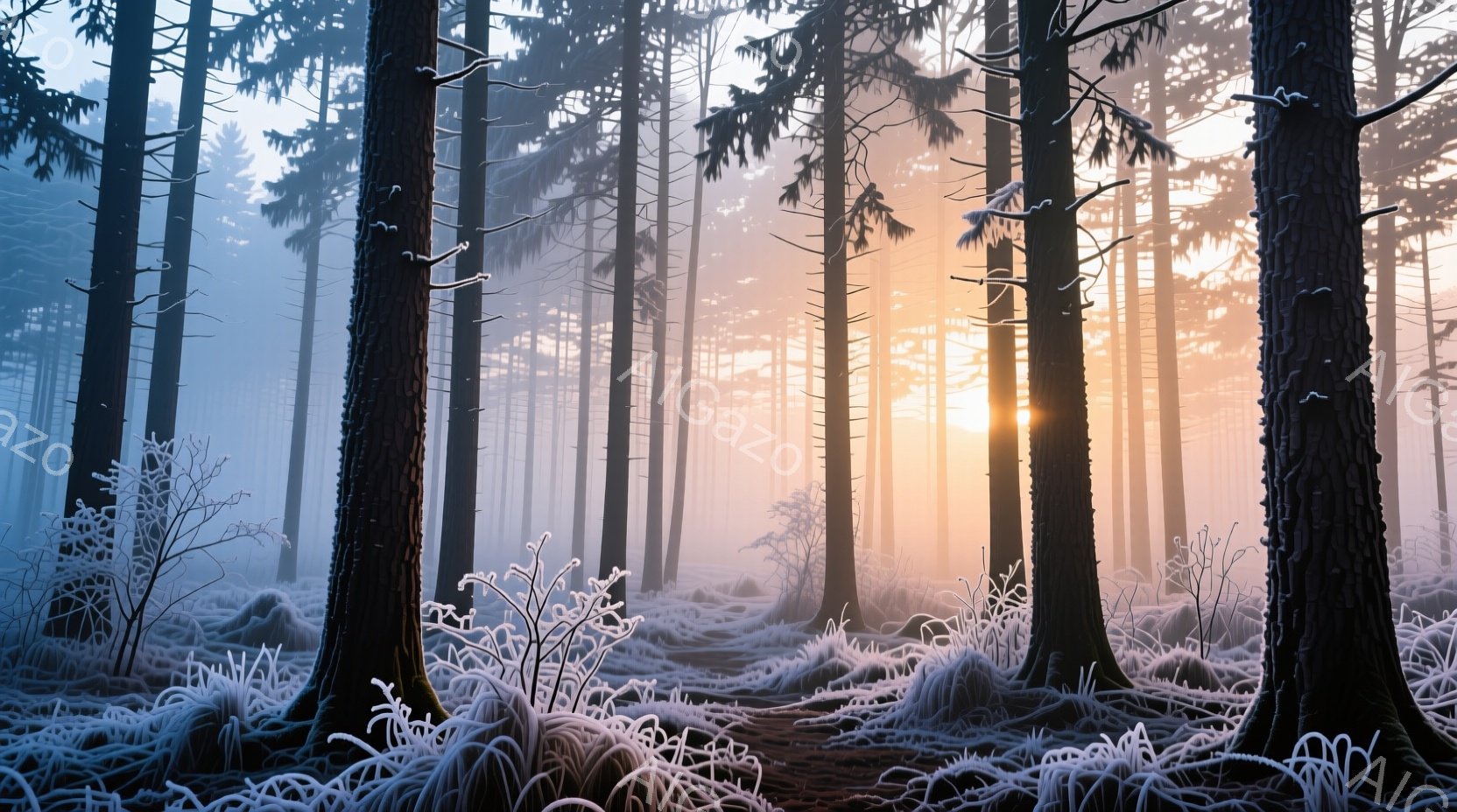 凍てつくような冬の森の風景が広がっている。霜で覆われた地面と木々、そして朝日に照らされた白い霧が幻想的な雰囲気を醸し出している。木々の間を縫うように差し込む光が、まるで神々しい光の柱のようだ。 - AI生成フリー素材