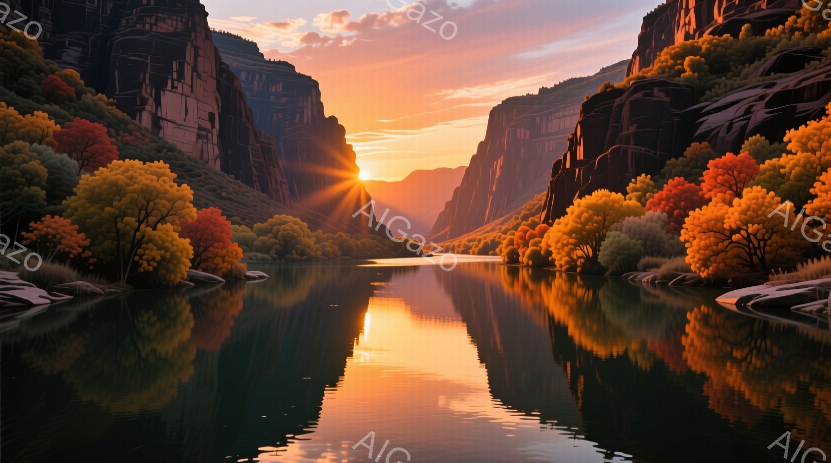 峡谷の間に流れる川が印象的な風景です。水面は穏やかで、周囲のカラフルな木々や空の夕焼けを鮮やかに映し出しています。夕焼けの光が峡谷の壁を照らし、暖かく、静謐な雰囲気を醸し出しています。 - AI生成フリー素材