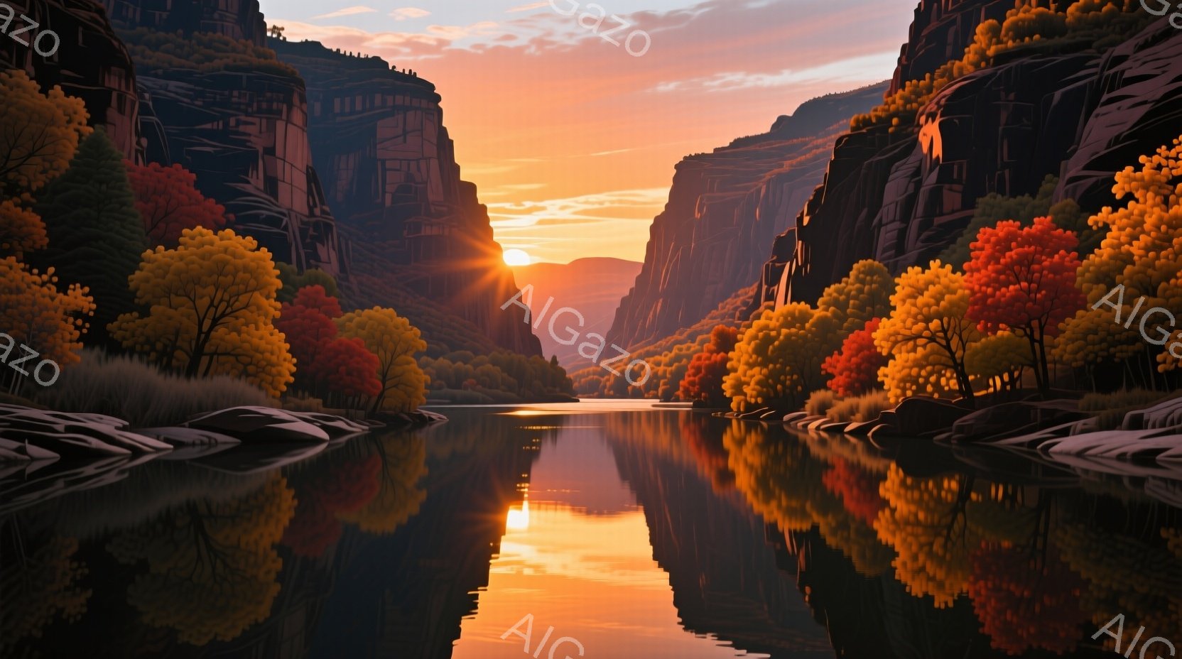 険しい崖に囲まれた川が、夕焼けの光を反射して黄金色に輝いている。崖には秋の紅葉が広がり、水面にもその色彩が映り込み、穏やかで幻想的な雰囲気を醸し出している。空はオレンジと赤のグラデーションで、静寂と美 - AI生成フリー素材