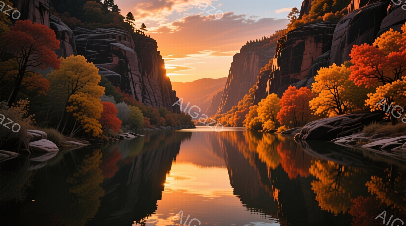 峡谷の川は、夕焼けのオレンジとピンクの色合いを完璧に映し出し、水面は鏡のように静かだ。両側の崖は険しく、秋の紅葉で彩られ、鮮やかな赤と黄色の木々が風景に暖かさと深みを与えている。空は暖かく、ドラマチッ - AI生成フリー素材
