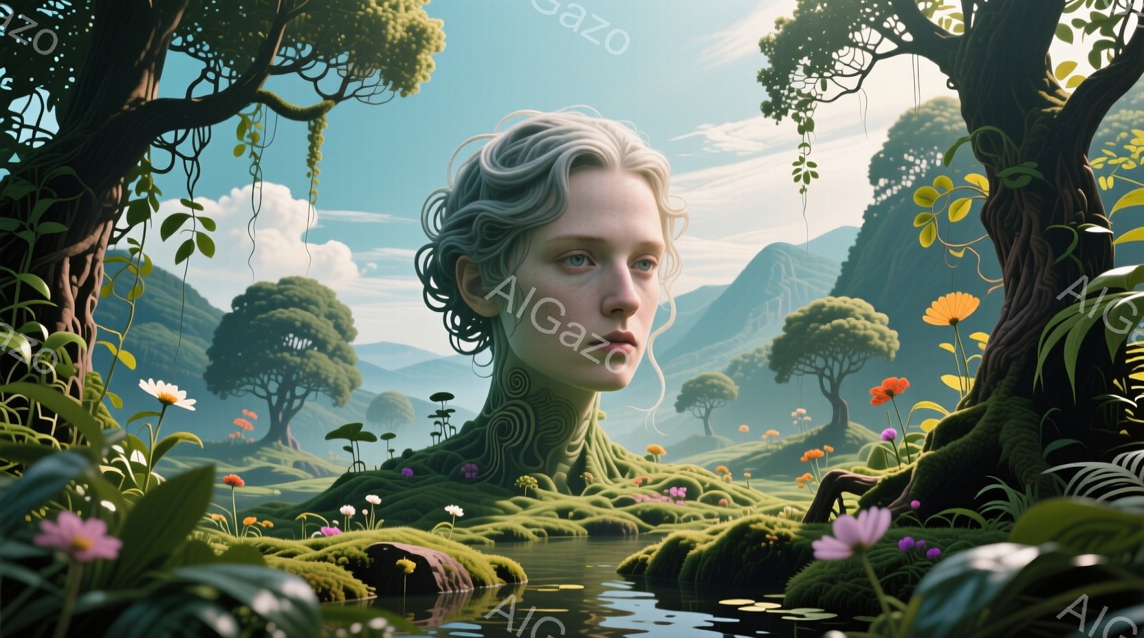 浅い緑色の水辺に、顔と首だけが露出し、身体は植物と一体化した女性が描かれている。彼女は薄い金髪をゆるく巻き付けたヘアスタイルで、憂いを帯びた表情を浮かべている。背景には、霧のかかった緑の丘陵地帯と奇妙な形の木々が広がり、幻想的で神秘的な雰囲気を醸し出している。